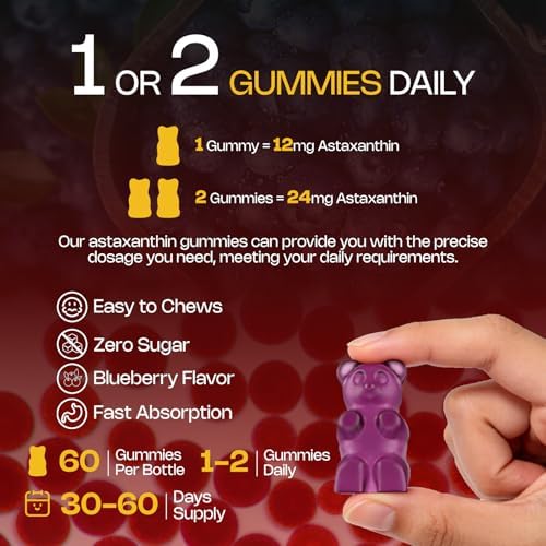 Gomitas de Astaxantina 12mg, Suplementos Antioxidantes 14 en 1 con Vitaminas A/C/D/E y Resveratrol, Sin Azúcar, Veganas, 60 Piezas - imagen 8