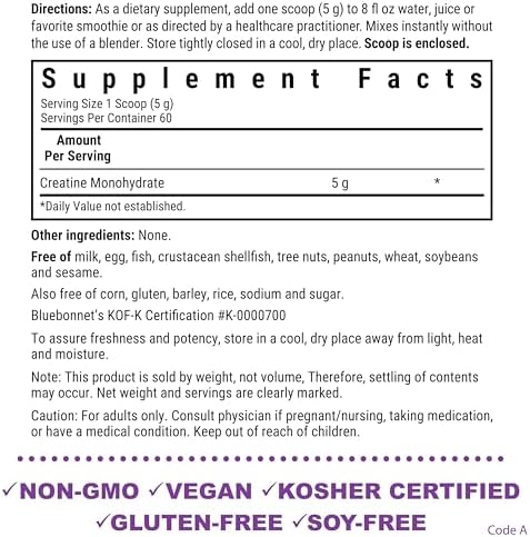 Creatina Monohidratada Micronizada BlueBonnet Nutrition 5 g – Apoya la Masa Muscular Magra* - No GMO, Vegana, Kosher, Sin Gluten, Sin Soja, Sin - imagen 2