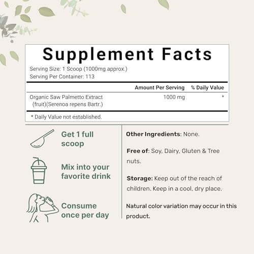 Polvo Orgánico de Saw Palmetto, 4 Onzas, Crecimiento Capilar y Suplemento para Próstata, Ácidos Grasos Activos, Cultivado de Forma Sostenible en EE. - imagen 2