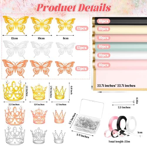 Accesorios para Ramo de Flores Cridoz, 208 Piezas: 60 Papeles de Envoltura, 9 Coronas Doradas, 36 Decoraciones de Mariposa, 100 Pines y 3 Listones - imagen 2