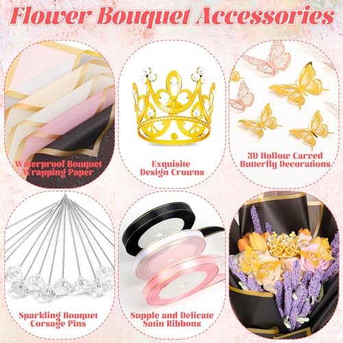 Accesorios para Ramo de Flores Cridoz, 208 Piezas: 60 Papeles de Envoltura, 9 Coronas Doradas, 36 Decoraciones de Mariposa, 100 Pines y 3 Listones - imagen 3