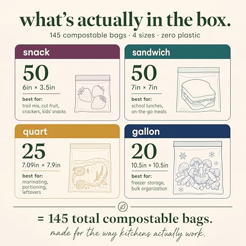 Bolsas Compostables Compostic para Sándwich y Snacks, Paquete Variado de 145 Piezas - Reutilizables, a Base de Plantas, Seguras para Congelar y - imagen 2
