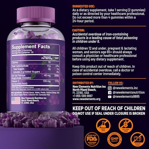 Gomitas de Hierro New Elements 40mg con Vitamina C 100mg – Suplemento de Hierro para Mujeres, Hombres y Adultos – Apoyo para Anemia, Inmunidad y - imagen 3