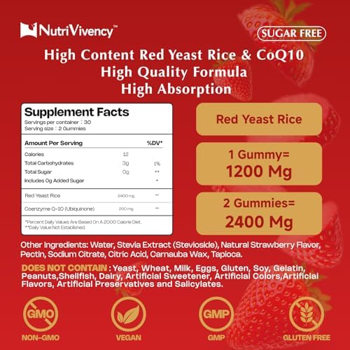 Gomitas NutriVivency de Arroz Rojo con CoQ10, 2400mg de Arroz Rojo y 200mg de CoQ10, Sin Azúcar, Veganas, No Transgénicas, Sabor Fresa, 60 Unidades - imagen 2