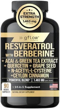 Suplemento de Resveratrol Gflow con Berberina, Extracto de Té Verde, Canela de Ceilán, Semilla de Uva y Quercetina 1000mg | 100% Natural, Máxima - imagen 1