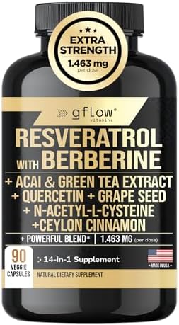 Suplemento de Resveratrol Gflow con Berberina, Extracto de Té Verde, Canela de Ceilán, Semilla de Uva y Quercetina 1000mg | 100% Natural, Máxima - imagen 1