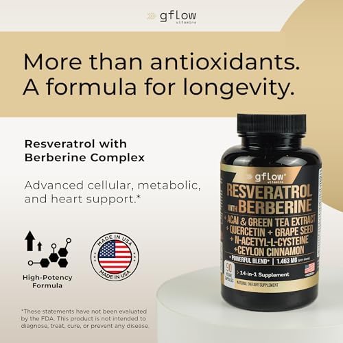 Suplemento de Resveratrol Gflow con Berberina, Extracto de Té Verde, Canela de Ceilán, Semilla de Uva y Quercetina 1000mg | 100% Natural, Máxima - imagen 2