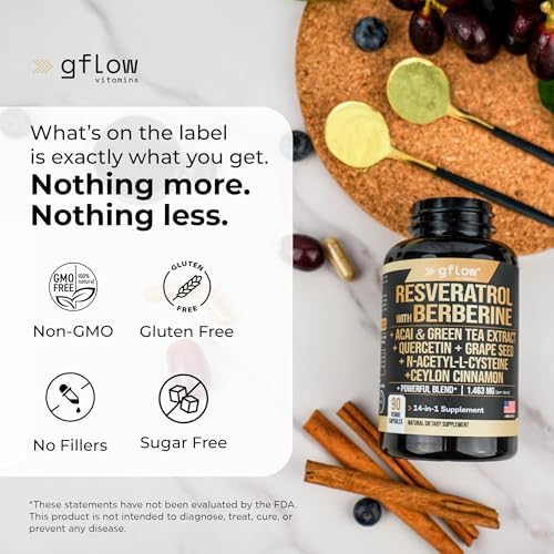 Suplemento de Resveratrol Gflow con Berberina, Extracto de Té Verde, Canela de Ceilán, Semilla de Uva y Quercetina 1000mg | 100% Natural, Máxima - imagen 8