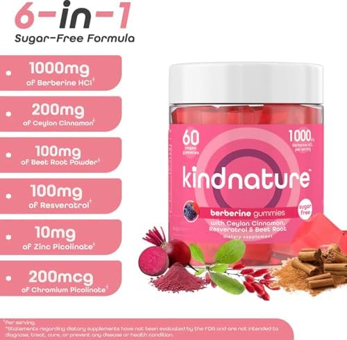 Gomitas de Berberina Kindnature 1000mg con Canela de Ceilán y Resveratrol – Suplemento 6 en 1 para Control de Azúcar en Sangre – Metabolismo y - imagen 3