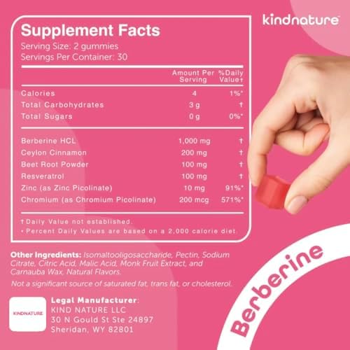 Gomitas de Berberina Kindnature 1000mg con Canela de Ceilán y Resveratrol – Suplemento 6 en 1 para Control de Azúcar en Sangre – Metabolismo y - imagen 5