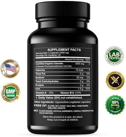 Cápsulas de Chlorella 3000 mg - Suplemento de Algas Verdeazuladas con Pared Celular Rota - Mejor Limpieza Natural Detox - Vitaminas y Minerales - imagen 2