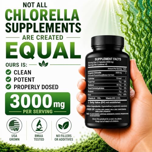 Cápsulas de Chlorella 3000 mg - Suplemento de Algas Verdeazuladas con Pared Celular Rota - Mejor Limpieza Natural Detox - Vitaminas y Minerales - imagen 3
