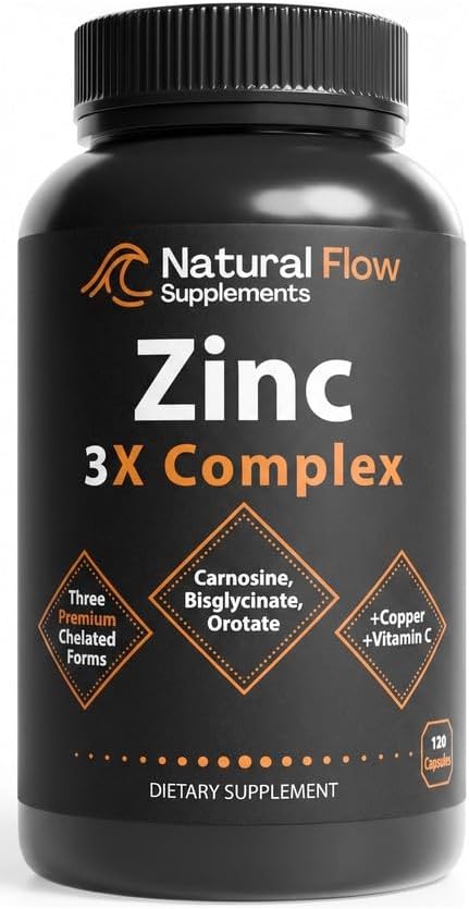 Suplemento de Zinc Complejo con Cobre y Vitamina C - Natural Flow 3X Zinc Carnosina, Bisglicinato de Cobre, Apoyo Digestivo, Piel e Inmunidad, 120 - imagen 1