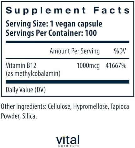 Suplemento de Vitamina B12 Vital Nutrients 1000mcg - Vegano - Metilcobalamina para Metabolismo, Salud Cognitiva y del Sistema Nervioso - 100 Cápsulas - imagen 2
