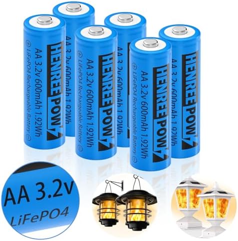 Baterías Recargables Henreepow AA 3.2v Solar, LiFePo4 600mAh 3.2v para Luces Solares, Faroles de Pared, Paquete de 6 - imagen 1