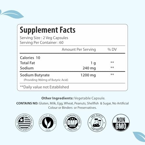Suplemento de Butirato de Sodio ForestVibe 1200mg, 960mg Ácido Butírico, 120 Cápsulas Veganas, Suministro para 2 Meses, No GMO y Libre de Gluten - imagen 2
