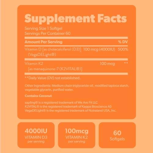 Suplemento Vegano de Vitamina D3 + K2 Sapling con Aceite MCT de Coco - 4000 IU de Vitamina D y 100 mcg de Vitamina K2 Mk7 - 60 Softgels para - imagen 6