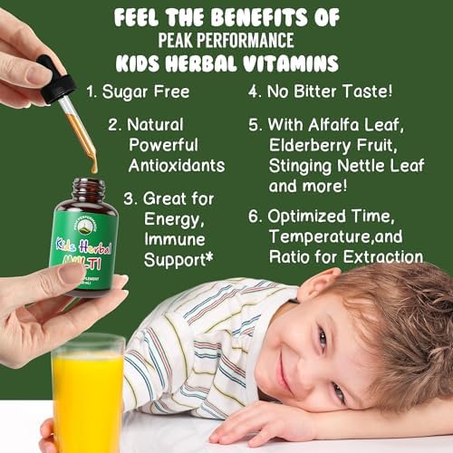 Vitaminas para Niños Peak Performance - Multivitamínico Herbal Líquido Vegano Sin Azúcar 14 en 1 para Niños y Adolescentes - 2 fl oz - imagen 2