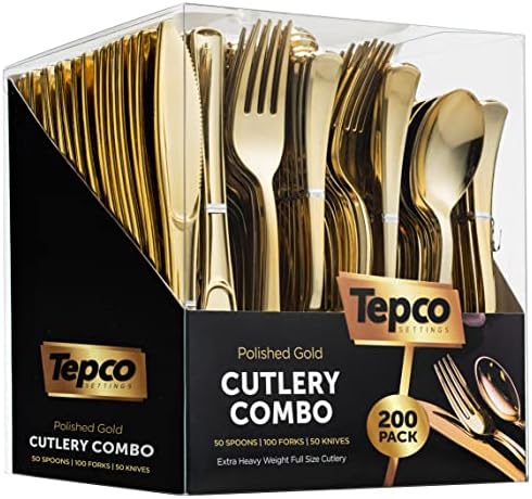 Juego de Cubiertos Desechables de Plástico Dorado de 200 Piezas - 100 Tenedores, 50 Cucharas y 50 Cuchillos Resistentes para Fiestas - imagen 1