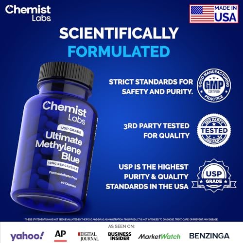 Cápsulas de Azul de Metileno Chemist Labs para Humanos - Grado USP 99% Pureza, Apoyo a la Función Celular y Mitocondrial, Hecho en EE. UU., 60 - imagen 2