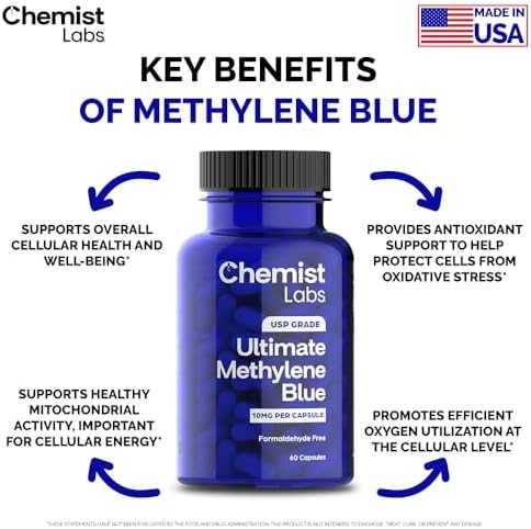 Cápsulas de Azul de Metileno Chemist Labs para Humanos - Grado USP 99% Pureza, Apoyo a la Función Celular y Mitocondrial, Hecho en EE. UU., 60 - imagen 3