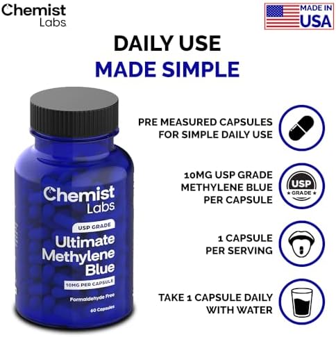 Cápsulas de Azul de Metileno Chemist Labs para Humanos - Grado USP 99% Pureza, Apoyo a la Función Celular y Mitocondrial, Hecho en EE. UU., 60 - imagen 5