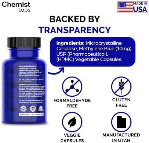 Cápsulas de Azul de Metileno Chemist Labs para Humanos - Grado USP 99% Pureza, Apoyo a la Función Celular y Mitocondrial, Hecho en EE. UU., 60 - imagen 7