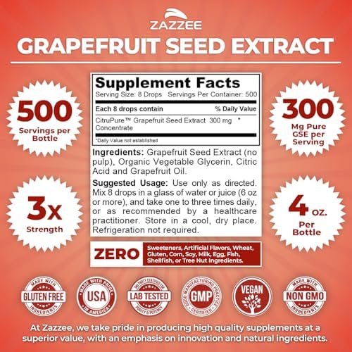 Zazzee GSE, Extracto de Semilla de Pomelo Líquido Triple Fuerza 3X, 4 Onzas, 500 Porciones, 300 mg por Porción, Vegano, Sin Gluten, Natural, Hecho en - imagen 2