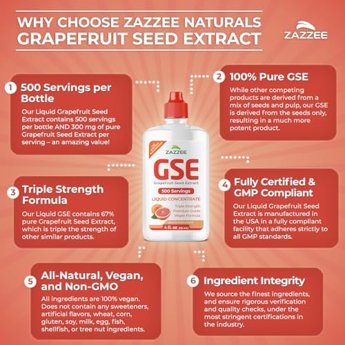Zazzee GSE, Extracto de Semilla de Pomelo Líquido Triple Fuerza 3X, 4 Onzas, 500 Porciones, 300 mg por Porción, Vegano, Sin Gluten, Natural, Hecho en - imagen 8