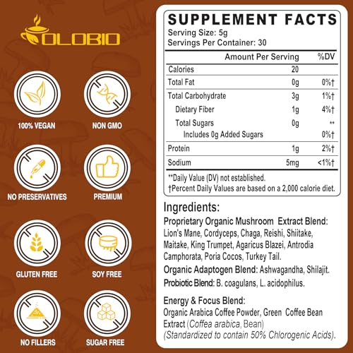 Café de Champiñones, 11 Hongos Orgánicos con Adaptógenos y Probióticos, Lion's Mane, Chaga, Reishi, Cordyceps, Café Instantáneo para Enfoque, Energía - imagen 2