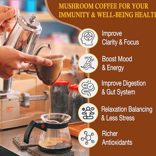 Café de Champiñones, 11 Hongos Orgánicos con Adaptógenos y Probióticos, Lion's Mane, Chaga, Reishi, Cordyceps, Café Instantáneo para Enfoque, Energía - imagen 4