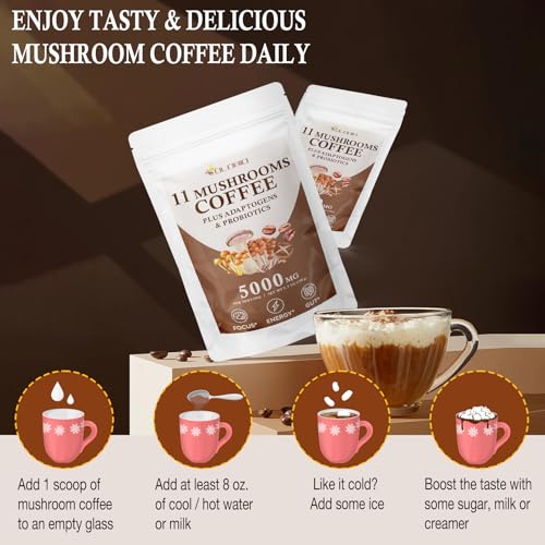 Café de Champiñones, 11 Hongos Orgánicos con Adaptógenos y Probióticos, Lion's Mane, Chaga, Reishi, Cordyceps, Café Instantáneo para Enfoque, Energía - imagen 6