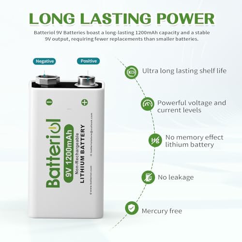 Baterías de Litio 9V Batteriol, 1200mAh, 10 Años de Vida Útil, Potencia Duradera para Detectores de Humo, Micrófonos y Walkie Talkies, Paquete de 4 - imagen 4