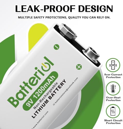 Baterías de Litio 9V Batteriol, 1200mAh, 10 Años de Vida Útil, Potencia Duradera para Detectores de Humo, Micrófonos y Walkie Talkies, Paquete de 4 - imagen 5