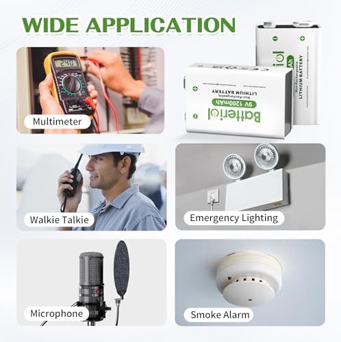 Baterías de Litio 9V Batteriol, 1200mAh, 10 Años de Vida Útil, Potencia Duradera para Detectores de Humo, Micrófonos y Walkie Talkies, Paquete de 4 - imagen 8