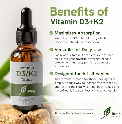 Ultra6 Nutrition Gotas de Vitamina D y K2 - Suplemento Líquido de Vitamina D3 con K2 para Adultos - Fácil de Tomar, Sin Sabor, Alta Absorción, Hecho - imagen 2