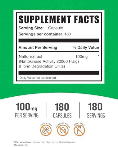 BulkSupplements.com Nattokinasa 2000 FU Cápsulas - Extracto de Natto, Suplemento de Nattokinasa 100mg - Sin Gluten, 1 Cápsula por Porción, 180 - imagen 2