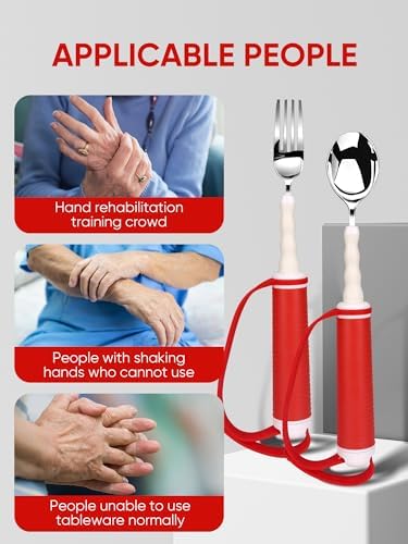 Utensilios Adaptativos para Personas con Discapacidad - Cuchara y Tenedor Giratorios de Acero Inoxidable, Agarre Fácil para Temblor de Mano y - imagen 4