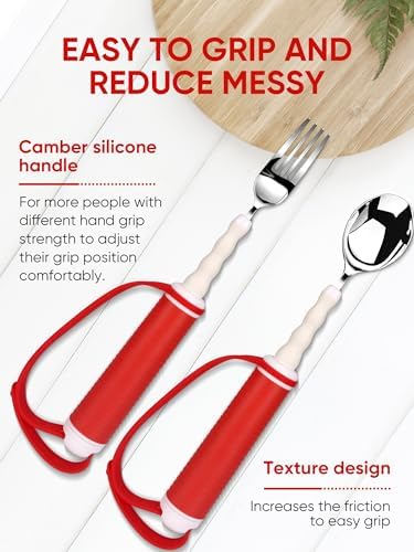 Utensilios Adaptativos para Personas con Discapacidad - Cuchara y Tenedor Giratorios de Acero Inoxidable, Agarre Fácil para Temblor de Mano y - imagen 7