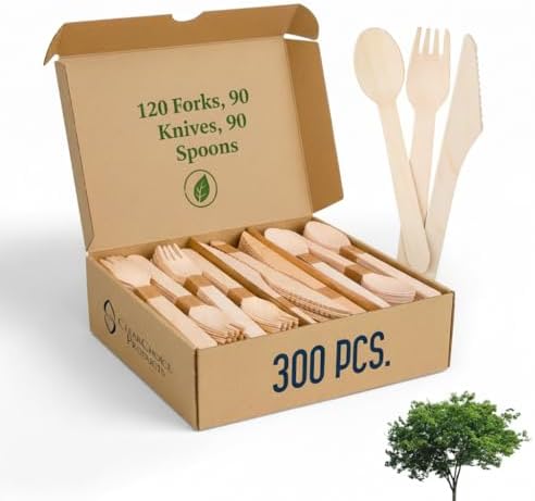Set de Cubiertos Compostables - 300 Piezas de Madera [120 Tenedores, 90 Cucharas, 90 Cuchillos] - Utensilios Ecológicos Biodegradables - Cubiertos - imagen 1