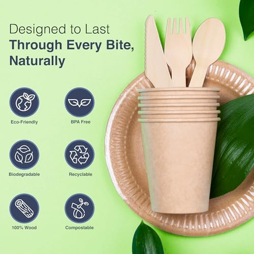 Set de Cubiertos Compostables - 300 Piezas de Madera [120 Tenedores, 90 Cucharas, 90 Cuchillos] - Utensilios Ecológicos Biodegradables - Cubiertos - imagen 2