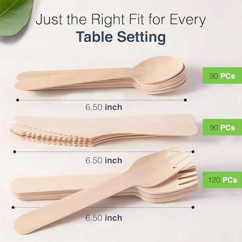 Set de Cubiertos Compostables - 300 Piezas de Madera [120 Tenedores, 90 Cucharas, 90 Cuchillos] - Utensilios Ecológicos Biodegradables - Cubiertos - imagen 4