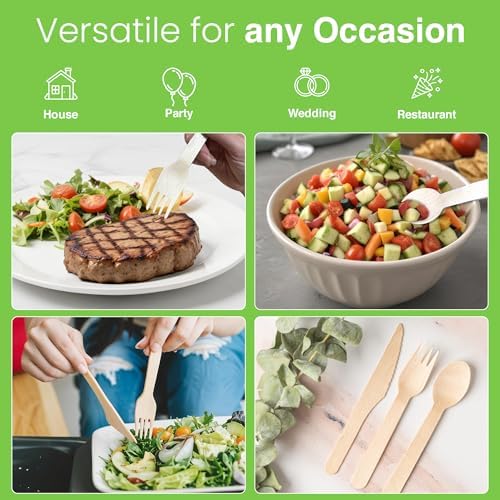 Set de Cubiertos Compostables - 300 Piezas de Madera [120 Tenedores, 90 Cucharas, 90 Cuchillos] - Utensilios Ecológicos Biodegradables - Cubiertos - imagen 5