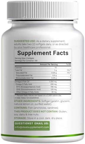 Omega-3 Aceite de Pescado Fórmula Sin Eructos de Pescado de Alta Mar, 360 Softgels | 1,000 mg de Aceite de Pescado con 180 mg de EPA y 120 mg de DHA - imagen 6