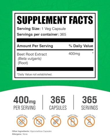 Cápsulas de Extracto de Remolacha BulkSupplements.com - Suplemento Vegano y Sin Gluten, 1 Cápsula por Porción (400mg), 365 Contenido (Paquete de 1) - imagen 2