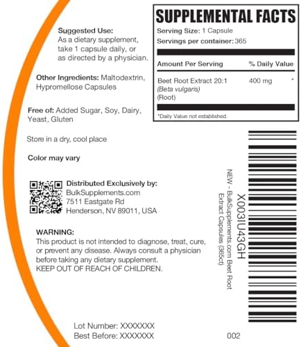 Cápsulas de Extracto de Remolacha BulkSupplements.com - Suplemento Vegano y Sin Gluten, 1 Cápsula por Porción (400mg), 365 Contenido (Paquete de 1) - imagen 6