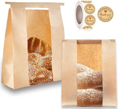100 Pzs (13.7x8.2x3.5 in) Bolsas de Papel para Pan Casero, Bolsas para Pan de Masa Madre con Ventana, Incluye 500 Sellos Adorables - imagen 1