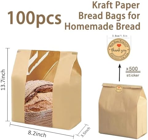100 Pzs (13.7x8.2x3.5 in) Bolsas de Papel para Pan Casero, Bolsas para Pan de Masa Madre con Ventana, Incluye 500 Sellos Adorables - imagen 2