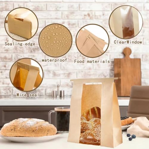 100 Pzs (13.7x8.2x3.5 in) Bolsas de Papel para Pan Casero, Bolsas para Pan de Masa Madre con Ventana, Incluye 500 Sellos Adorables - imagen 3