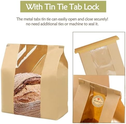 100 Pzs (13.7x8.2x3.5 in) Bolsas de Papel para Pan Casero, Bolsas para Pan de Masa Madre con Ventana, Incluye 500 Sellos Adorables - imagen 4
